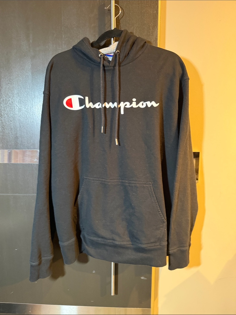 Champion Black Crewneck Hoodie with White Script Logo